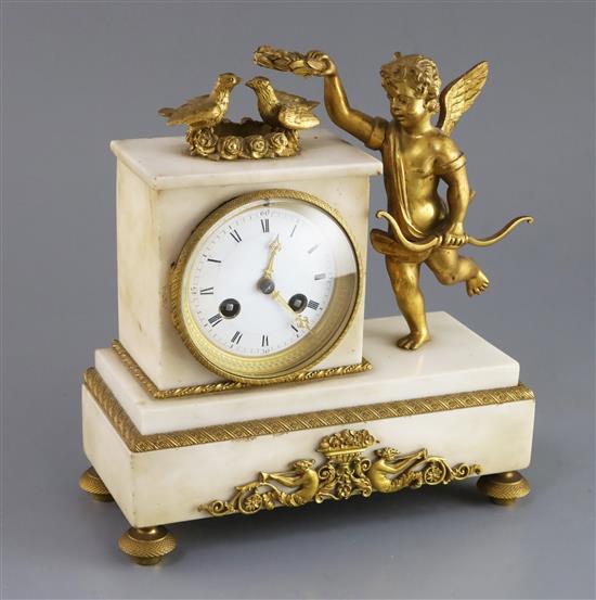 A 19th century French ormolu and white marble mantel clock, H.9in.